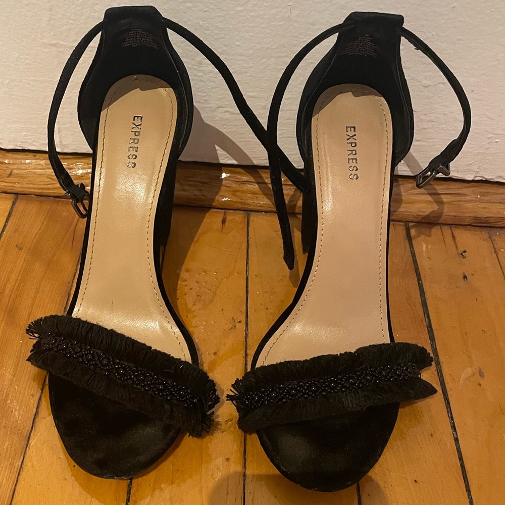 Express black velvet fringe block heel sandals. Size 8